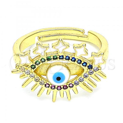 Oro Laminado Multi Stone Ring, Gold Filled Style Evil Eye Design, with Multicolor Micro Pave, White Enamel Finish, Golden Finish, 01.368.0008.1 (One size fits all)