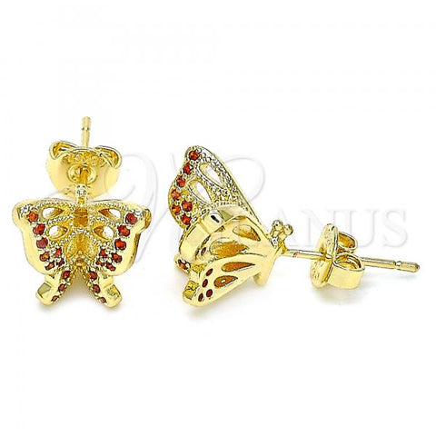 Oro Laminado Stud Earring, Gold Filled Style Butterfly Design, with Garnet Micro Pave, Polished, Golden Finish, 02.156.0374.1