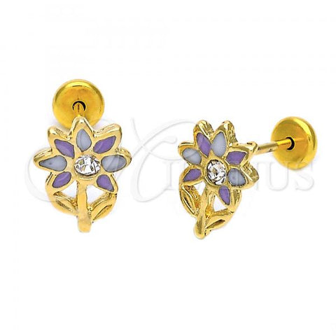 Oro Laminado Stud Earring, Gold Filled Style Flower Design, Pink Enamel Finish, Golden Finish, 02.09.0049