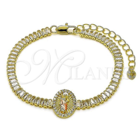 Oro Laminado Fancy Bracelet, Gold Filled Style San Judas and Baguette Design, with White Cubic Zirconia, Polished, Tricolor, 03.411.0032.07