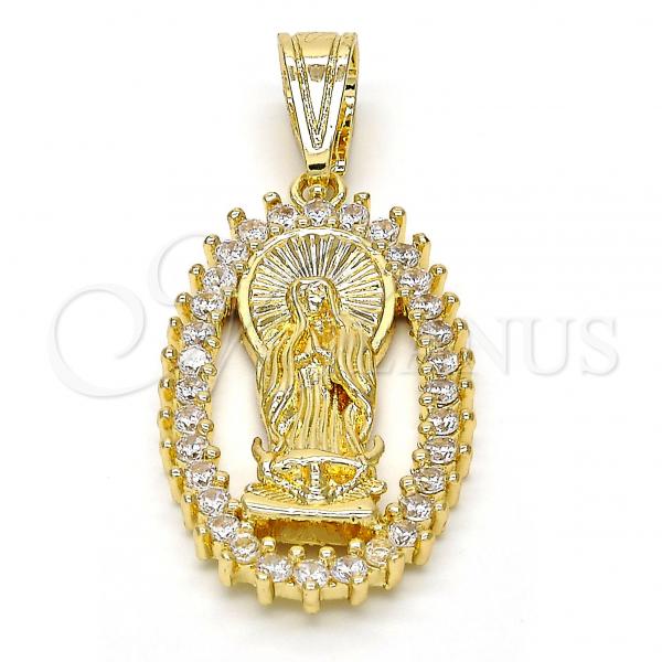 Oro Laminado Religious Pendant, Gold Filled Style Guadalupe Design, with White Cubic Zirconia, Polished, Golden Finish, 05.120.0062
