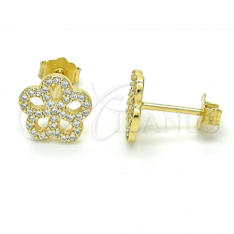 Sterling Silver Stud Earring, Flower Design, with White Micro Pave, Polished, Golden Finish, 02.174.0084