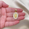 Oro Laminado Religious Pendant, Gold Filled Style Guadalupe Design, with White Micro Pave and Ivory Mother of Pearl, Polished, Golden Finish, 05.342.0153