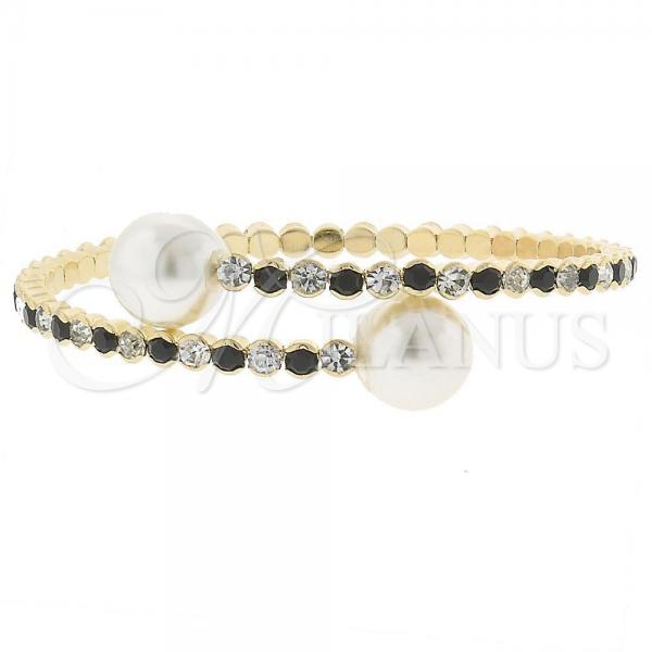 Oro Laminado Individual Bangle, Gold Filled Style Ball Design, with Black Crystal and White Pearl, Polished, Golden Finish, 07.63.0146 (03 MM Thickness, One size fits all)