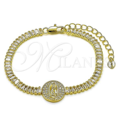Oro Laminado Fancy Bracelet, Gold Filled Style Guadalupe and Baguette Design, with White Cubic Zirconia and White Micro Pave, Polished, Golden Finish, 03.411.0030.07
