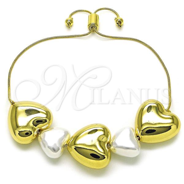 Oro Laminado Adjustable Bolo Bracelet, Gold Filled Style Heart and Hollow Design, with Ivory Pearl, Polished, Golden Finish, 03.341.2285.11