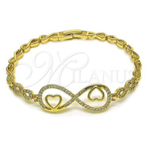 Oro Laminado Fancy Bracelet, Gold Filled Style Infinite and Heart Design, with White Micro Pave, Polished, Golden Finish, 03.346.0023.07