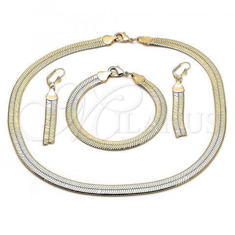 Oro Laminado Necklace, Bracelet and Earring, Gold Filled Style Rat Tail Design, Diamond Cutting Finish, Golden Finish, 06.372.0053