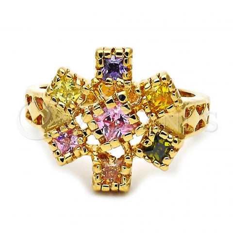 Oro Laminado Multi Stone Ring, Gold Filled Style Flower Design, with Multicolor Cubic Zirconia, Polished, Golden Finish, 5.172.010.09 (Size 9)