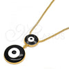 Oro Laminado Pendant Necklace, Gold Filled Style Evil Eye and Box Design, Black Enamel Finish, Golden Finish, 04.60.0007.1.18