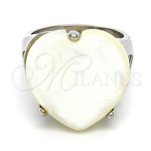 Stainless Steel Multi Stone Ring, Heart Design, with Ivory Mother of Pearl, Polished, Steel Finish, 01.235.0004.1.07 (Size 7)