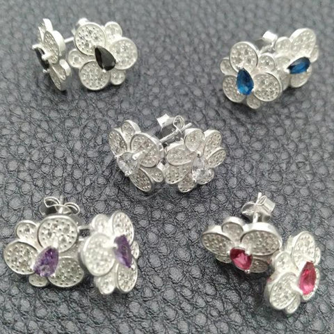 Sterling Silver Stud Earring, Flower Design, with White Cubic Zirconia, Polished, Silver Finish, 02.398.0007