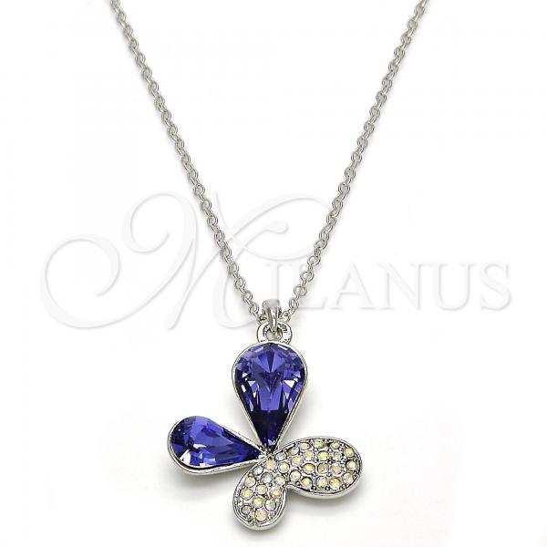 Rhodium Plated Pendant Necklace, Butterfly Design, with Tanzanite and Aurore Boreale Swarovski Crystals, Polished, Rhodium Finish, 04.239.0043.9.18