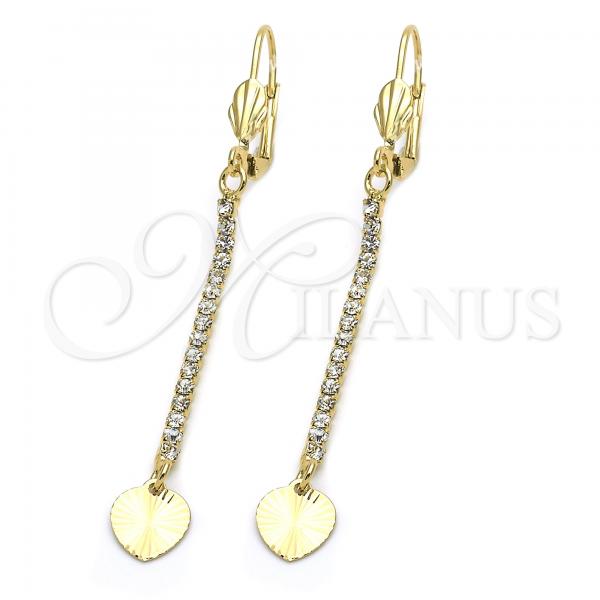 Oro Laminado Long Earring, Gold Filled Style Heart Design, with White Cubic Zirconia, Diamond Cutting Finish, Golden Finish, 5.074.008