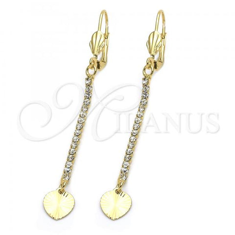 Oro Laminado Long Earring, Gold Filled Style Heart Design, with White Cubic Zirconia, Diamond Cutting Finish, Golden Finish, 5.074.008