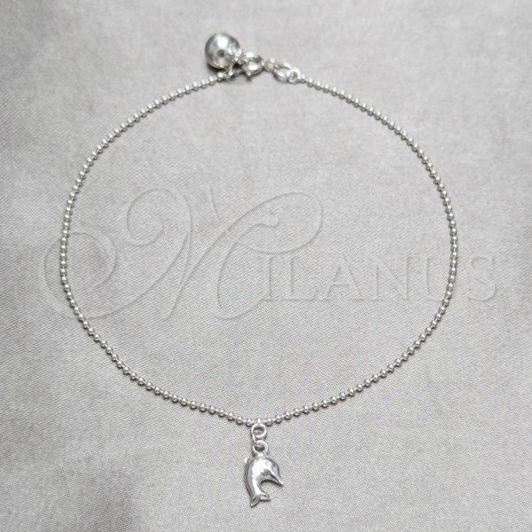 Sterling Silver Fancy Anklet, Dolphin and Ball Design, Polished, Silver Finish, 03.409.0048.10