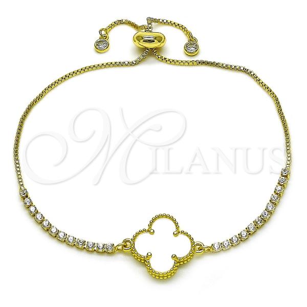 Oro Laminado Adjustable Bolo Bracelet, Gold Filled Style Four-leaf Clover and Box Design, with Ivory Micro Pave and White Cubic Zirconia, Polished, Golden Finish, 03.341.0235.5.11