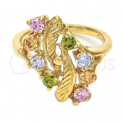 Oro Laminado Multi Stone Ring, Gold Filled Style Cluster and Leaf Design, with Multicolor Cubic Zirconia, Diamond Cutting Finish, Golden Finish, 5.172.018.07 (Size 7)