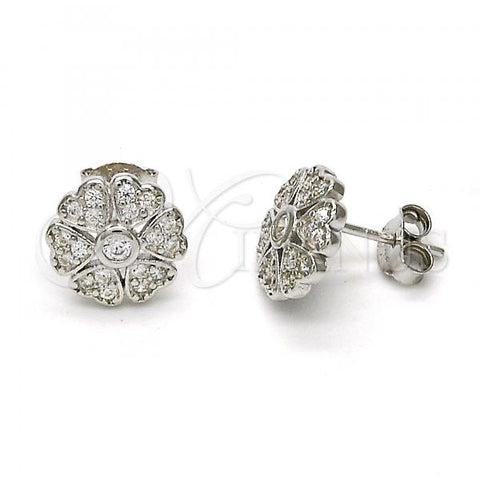 Sterling Silver Stud Earring, Flower Design, with White Cubic Zirconia, Polished, Rhodium Finish, 02.285.0004