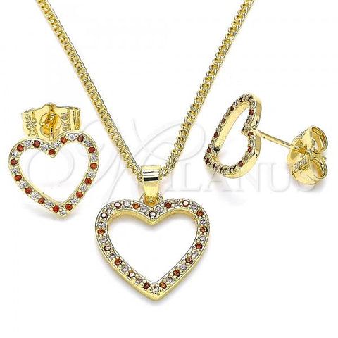 Oro Laminado Earring and Pendant Adult Set, Gold Filled Style Heart Design, with Garnet and White Micro Pave, Polished, Golden Finish, 10.94.0004.1