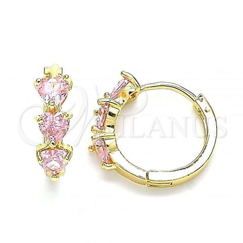 Oro Laminado Huggie Hoop, Gold Filled Style Heart Design, with Pink Cubic Zirconia, Polished, Golden Finish, 02.210.0614.1.15