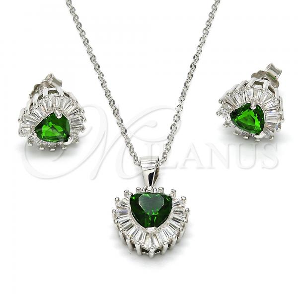 Sterling Silver Earring and Pendant Adult Set, Heart Design, with Green and White Cubic Zirconia, Polished, Rhodium Finish, 10.286.0025.2