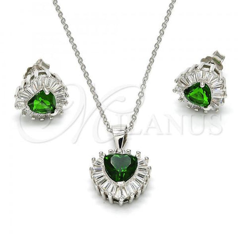 Sterling Silver Earring and Pendant Adult Set, Heart Design, with Green and White Cubic Zirconia, Polished, Rhodium Finish, 10.286.0025.2