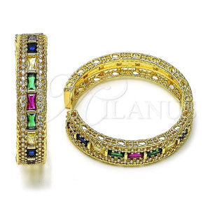 Gold Filled Hoop Earrings — Huggie Hoop Baguette Design with Multicolor and White — main product view — SKU 156565 | Oro Laminado aretes de aro — Huggie Hoop Baguette diseño with Multicolor and blanco — SKU 156565