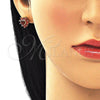 Oro Laminado Stud Earring, Gold Filled Style Heart Design, with Garnet Cubic Zirconia, Polished, Golden Finish, 02.346.0004