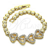 Oro Laminado Fancy Bracelet, Gold Filled Style Heart Design, with White Cubic Zirconia and White Micro Pave, Polished, Golden Finish, 03.283.0203.07