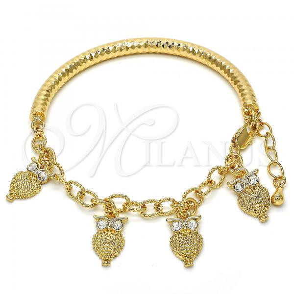 Oro Laminado Charm Bracelet, Gold Filled Style Owl and Hollow Design, with White Crystal, Diamond Cutting Finish, Golden Finish, 03.63.1827.08