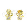 Oro Laminado Stud Earring, Gold Filled Style Angel Design, with White Micro Pave, Polished, Golden Finish, 02.156.0614