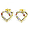 Oro Laminado Stud Earring, Gold Filled Style Heart Design, with Multicolor Cubic Zirconia, Polished, Golden Finish, 02.210.0440.2