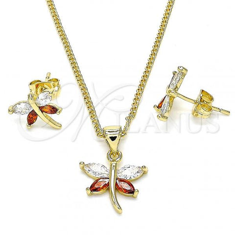 Oro Laminado Earring and Pendant Adult Set, Gold Filled Style Dragon-Fly Design, with Garnet and White Cubic Zirconia, Polished, Golden Finish, 10.213.0014