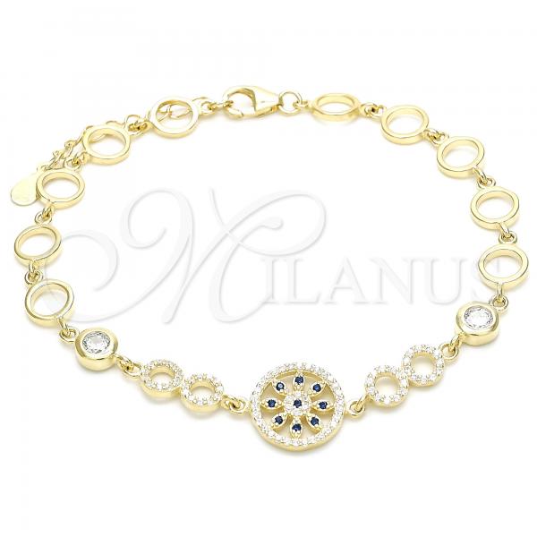 Sterling Silver Fancy Bracelet, Flower Design, with Sapphire Blue and White Cubic Zirconia, Polished, Golden Finish, 03.369.0002.3.07