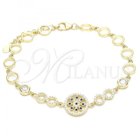 Sterling Silver Fancy Bracelet, Flower Design, with Sapphire Blue and White Cubic Zirconia, Polished, Golden Finish, 03.369.0002.3.07