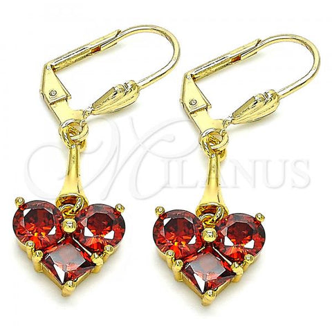 Oro Laminado Long Earring, Gold Filled Style with Garnet Cubic Zirconia, Polished, Golden Finish, 02.387.0066.1