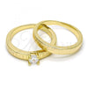 Oro Laminado Wedding Ring, Gold Filled Style Greek Key and Duo Design, with White Cubic Zirconia, Polished, Golden Finish, 01.99.0045.07 (Size 7)