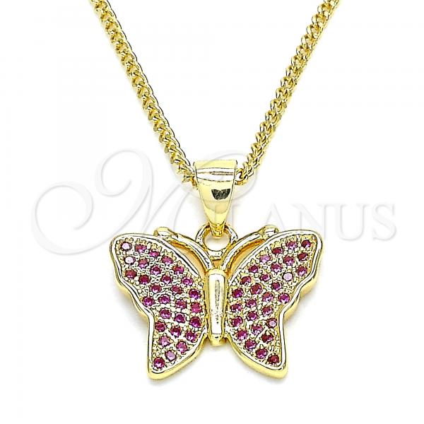 Oro Laminado Pendant Necklace, Gold Filled Style Butterfly Design, with Ruby Micro Pave, Polished, Golden Finish, 04.156.0305.1.20