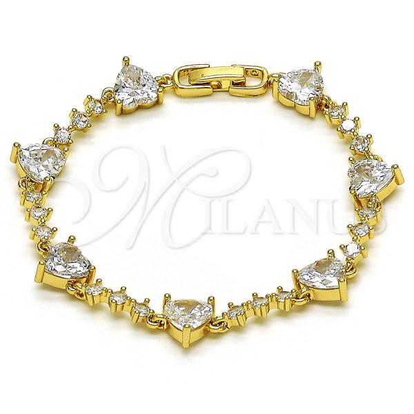 Oro Laminado Fancy Bracelet, Gold Filled Style Heart Design, with White Cubic Zirconia, Polished, Golden Finish, 03.283.0310.07