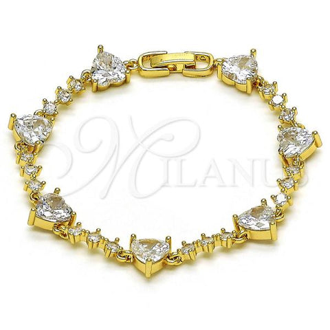 Oro Laminado Fancy Bracelet, Gold Filled Style Heart Design, with White Cubic Zirconia, Polished, Golden Finish, 03.283.0310.07
