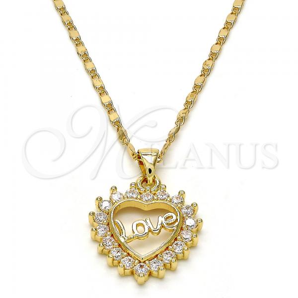 Oro Laminado Pendant Necklace, Gold Filled Style Heart and Love Design, with White Micro Pave, Polished, Golden Finish, 04.156.0047.20