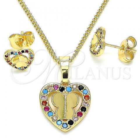 Oro Laminado Earring and Pendant Adult Set, Gold Filled Style Heart and Butterfly Design, with Multicolor Micro Pave, Polished, Golden Finish, 10.233.0046.2