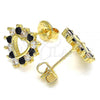 Oro Laminado Stud Earring, Gold Filled Style Heart Design, with Black and White Micro Pave, Polished, Golden Finish, 02.233.0024.1