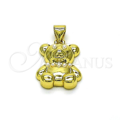 Oro Laminado Fancy Pendant, Gold Filled Style Teddy Bear Design, with Ivory Pearl, Polished, Golden Finish, 05.341.0083