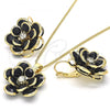 Oro Laminado Earring and Pendant Adult Set, Gold Filled Style Flower Design, with Black and White Crystal, Polished, Golden Finish, 10.64.0158.4