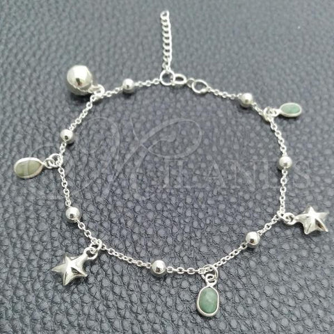 Sterling Silver Charm Bracelet, Star and Rattle Charm Design, with Fern Green Cubic Zirconia, Polished, Silver Finish, 03.395.0008.07