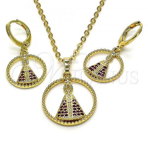 Oro Laminado Earring and Pendant Adult Set, Gold Filled Style Guadalupe and Cross Design, with Ruby Micro Pave, Polished, Golden Finish, 10.196.0069