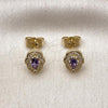 Oro Laminado Stud Earring, Gold Filled Style Cluster Design, with Amethyst Cubic Zirconia and White Micro Pave, Polished, Golden Finish, 02.156.0709