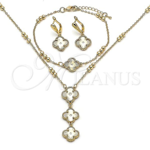 Oro Laminado Necklace, Bracelet, Earring and Ring, Gold Filled Style Four-leaf Clover and Rolo Design, Diamond Cutting Finish, Golden Finish, 06.372.0091